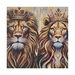 Lion And A Lioness Art Canvas, Royal Lion Painting, Lion Family Art, Crown Wall Art, New Couple House Gift, Animal Wall Art, Lion Room Decor