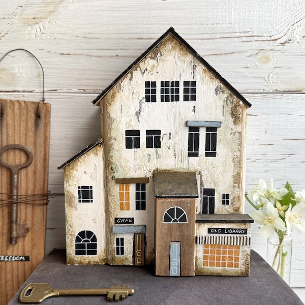 The Last Quiet Street | Collectible Old Town House Sculpture | Handmade Wooden Folk Art | Cafe & Library Decor