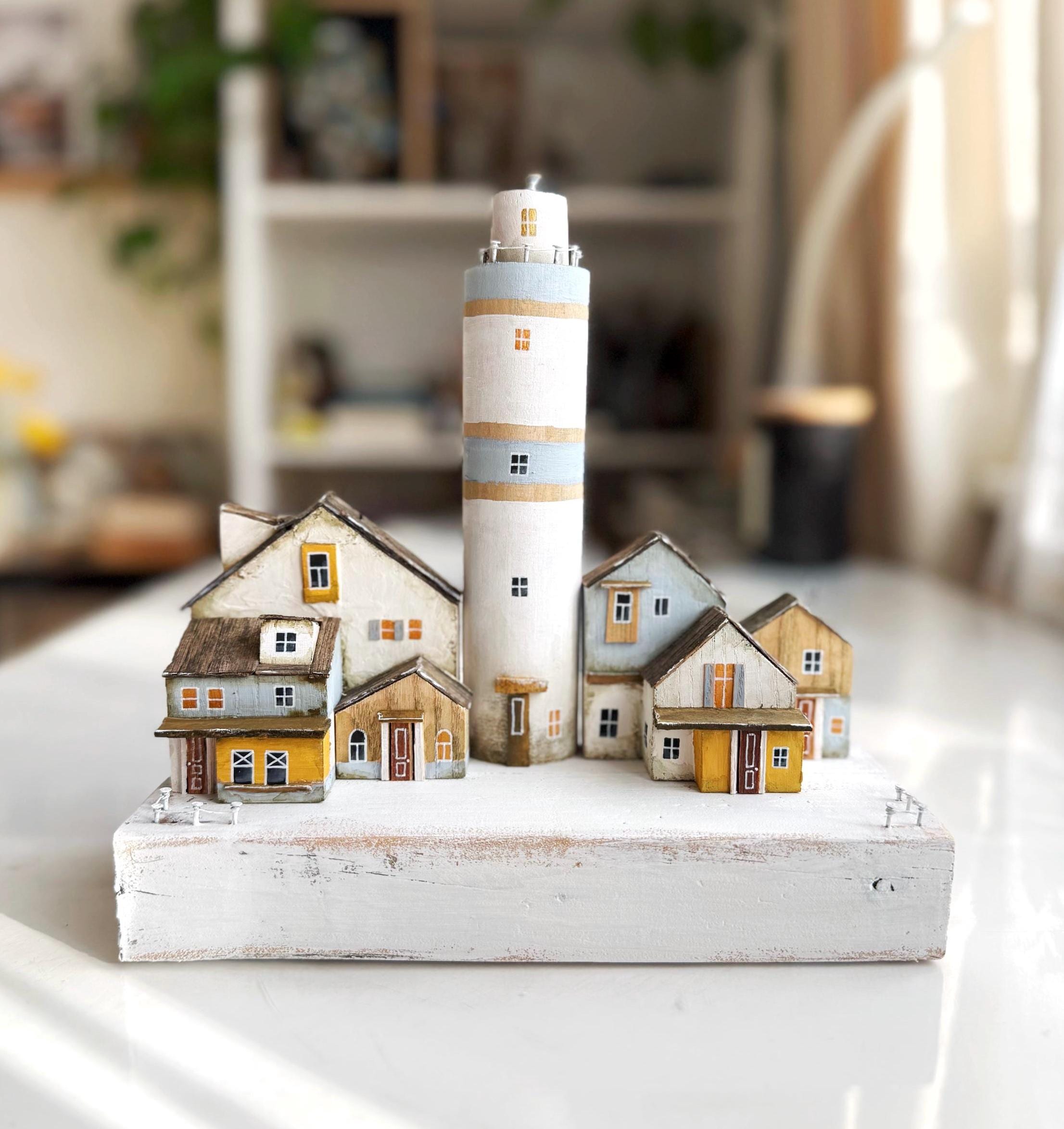 Wooden Lighthouse Sculpture, Coastal Village Diorama, Rustic Beach ...