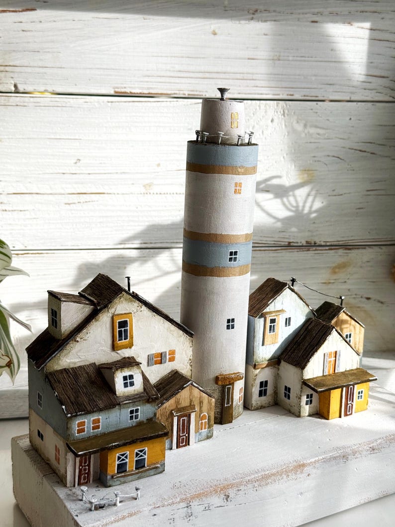 Wooden Lighthouse Sculpture, Coastal Village Diorama, Rustic Beach ...