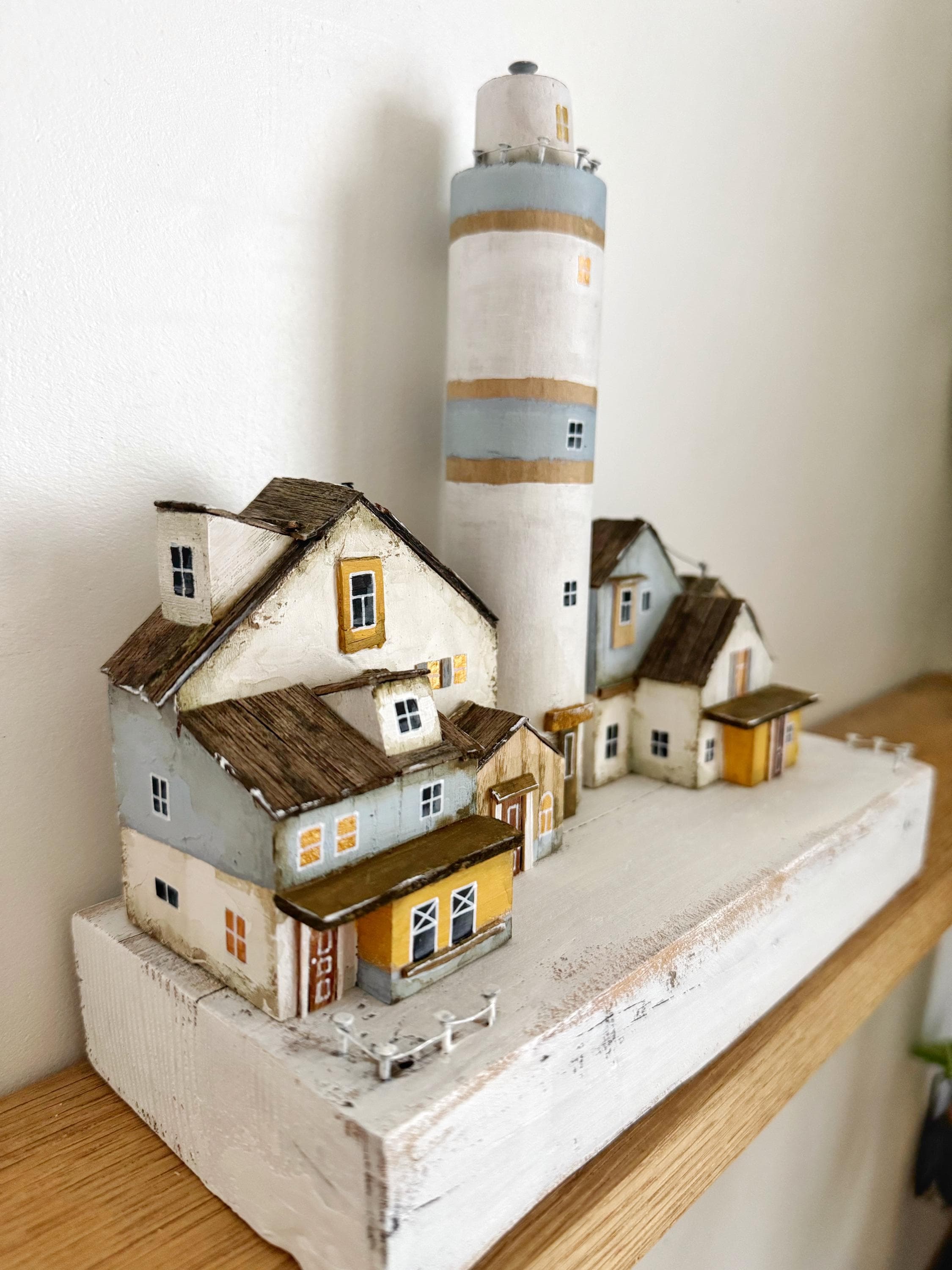 Wooden Lighthouse Sculpture, Coastal Village Diorama, Rustic Beach ...
