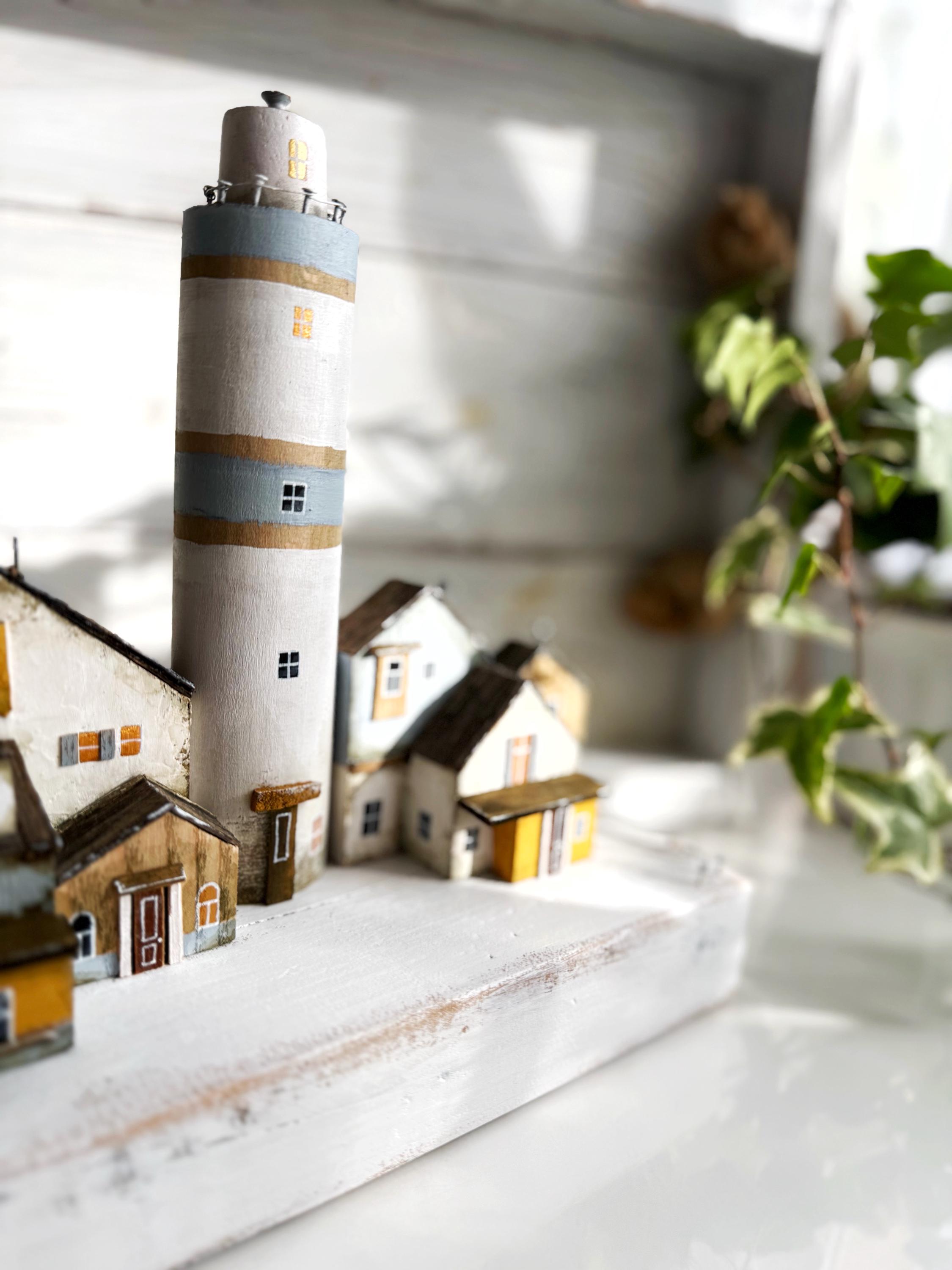 Wooden Lighthouse Sculpture, Coastal Village Diorama, Rustic Beach ...