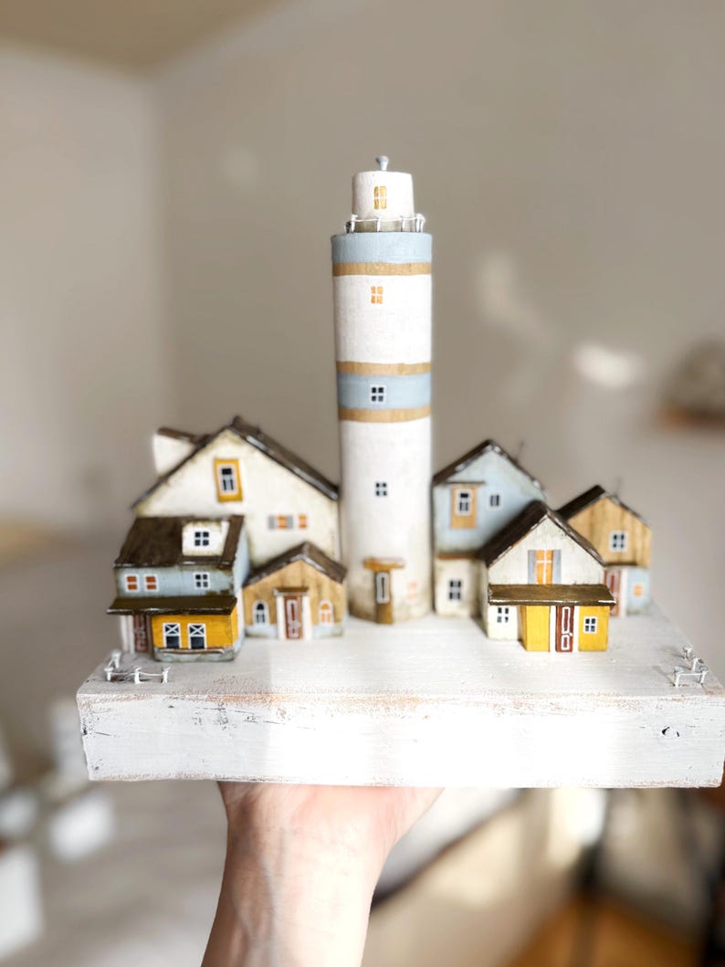 Wooden Lighthouse Sculpture, Coastal Village Diorama, Rustic Beach ...