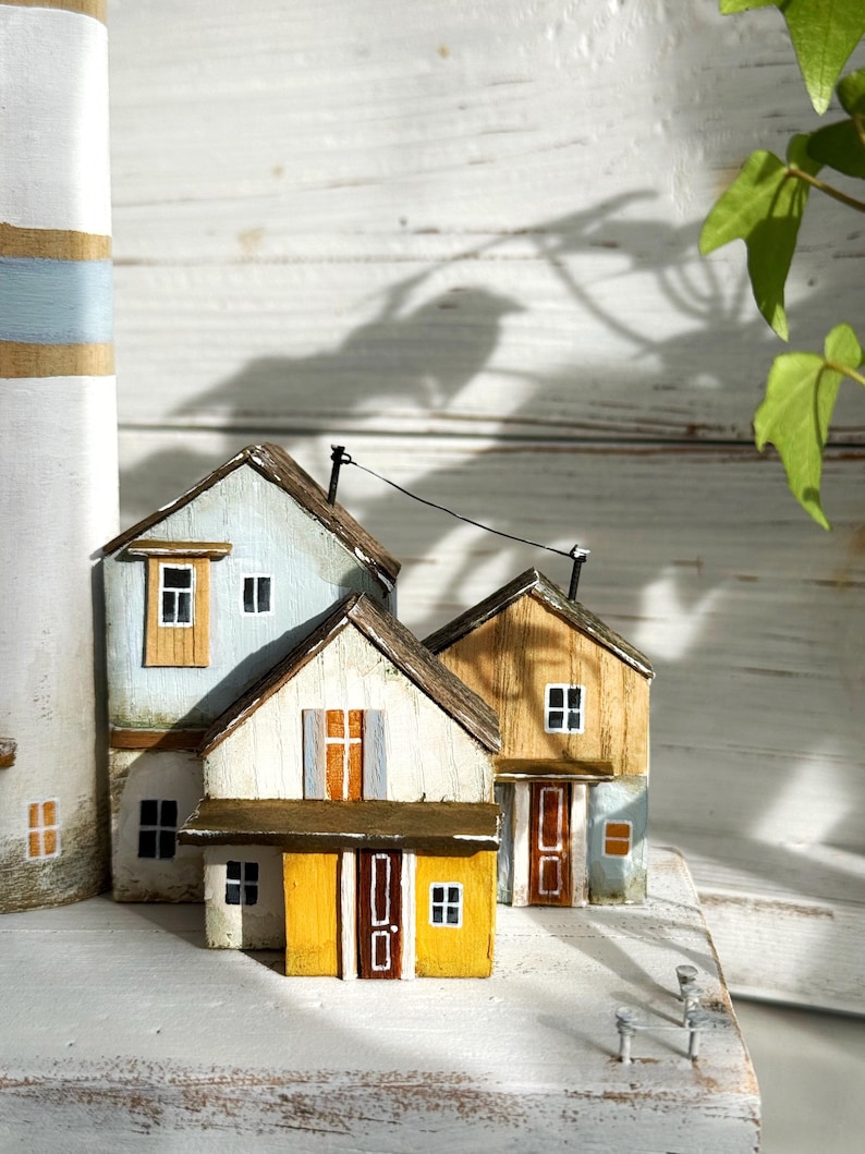 Wooden Lighthouse Sculpture, Coastal Village Diorama, Rustic Beach ...