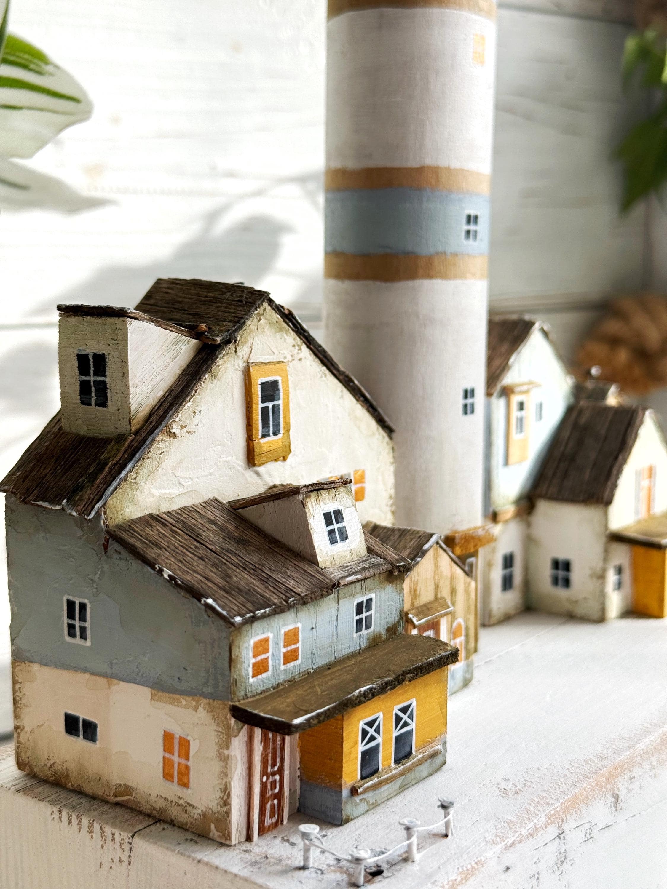 Wooden Lighthouse Sculpture, Coastal Village Diorama, Rustic Beach ...