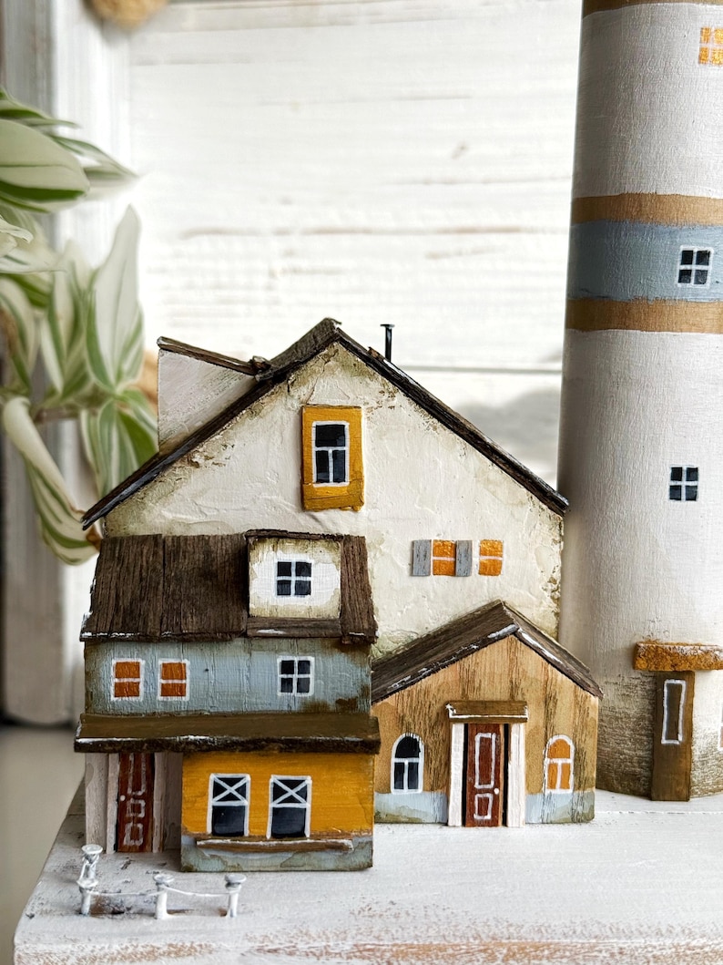 Wooden Lighthouse Sculpture, Coastal Village Diorama, Rustic Beach ...