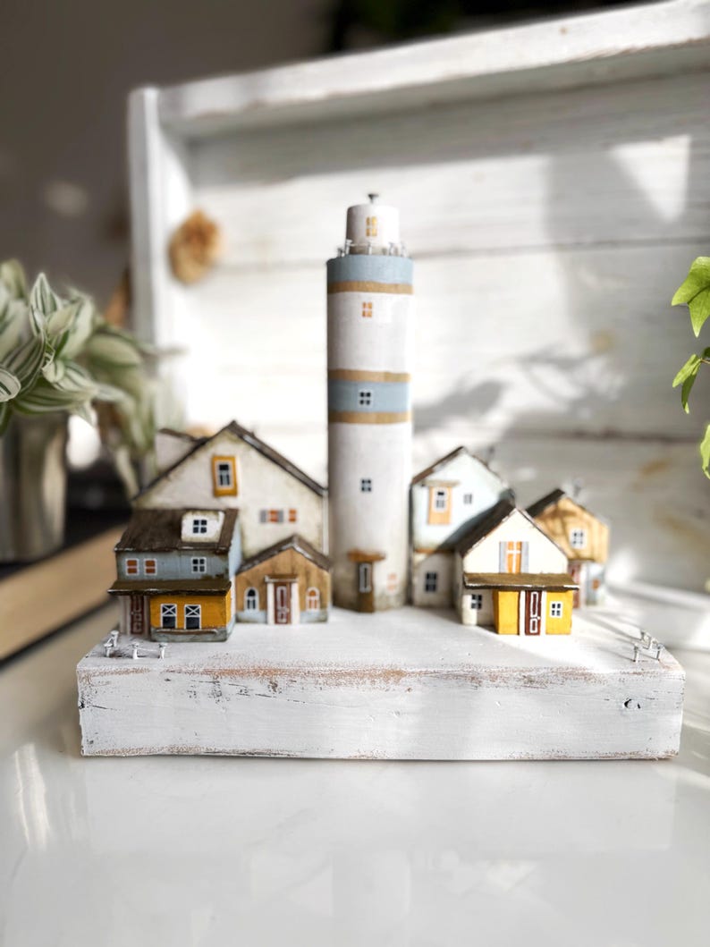 Wooden Lighthouse Sculpture, Coastal Village Diorama, Rustic Beach ...