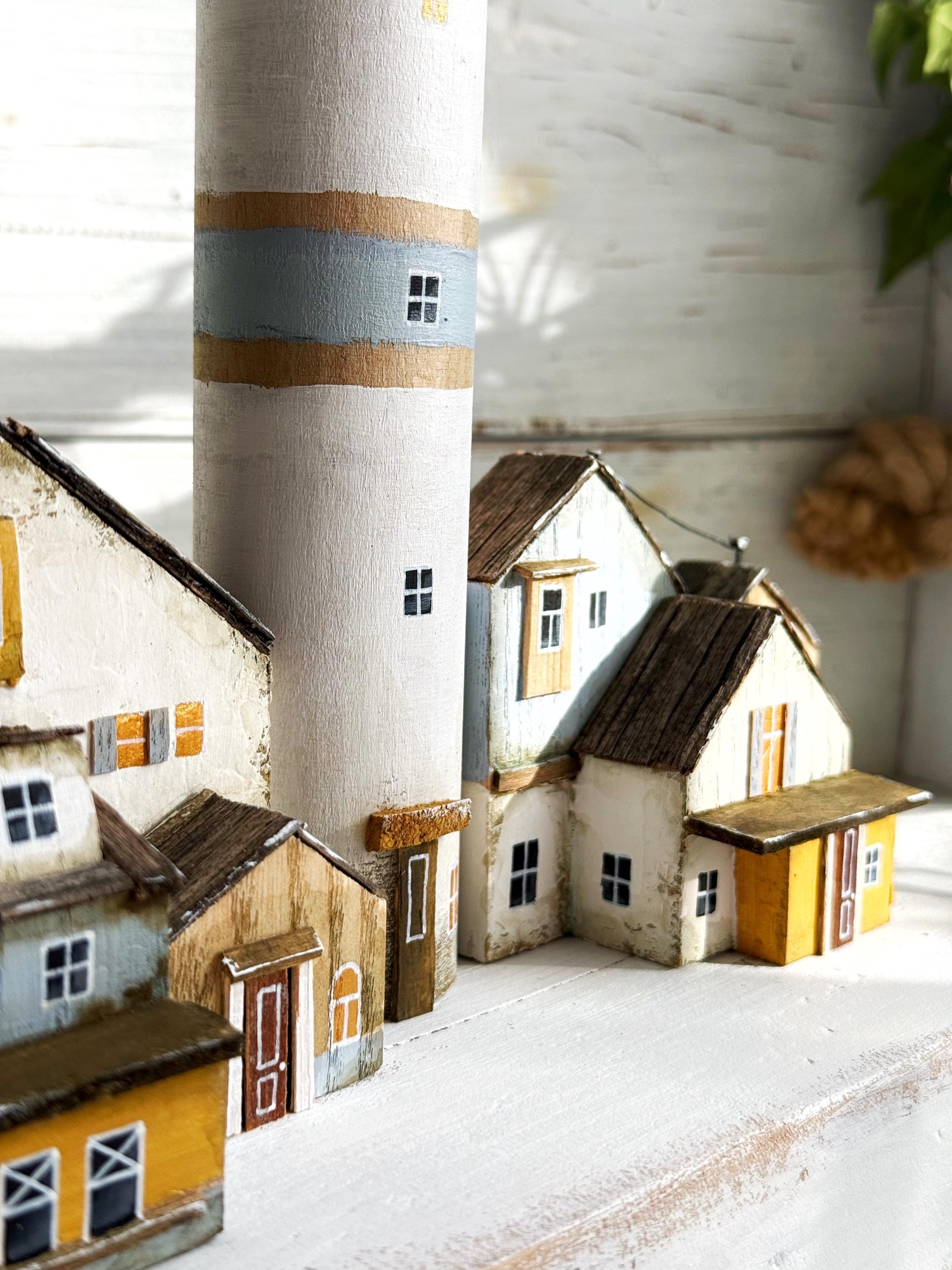 Wooden Lighthouse Sculpture, Coastal Village Diorama, Rustic Beach ...