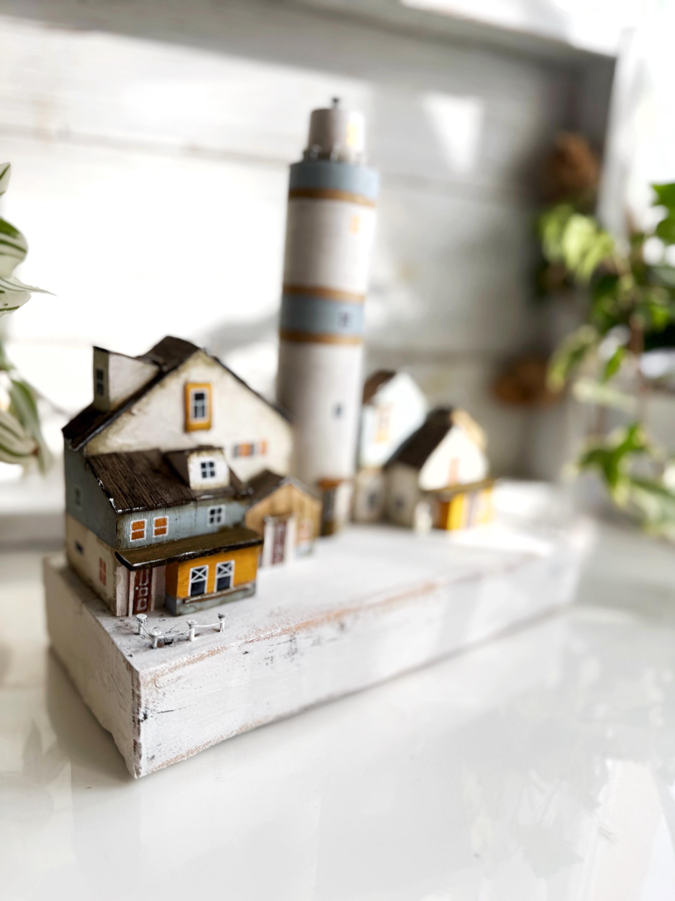 Wooden Lighthouse Sculpture, Coastal Village Diorama, Rustic Beach ...
