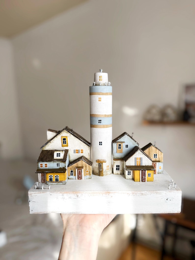 Wooden Lighthouse Sculpture, Coastal Village Diorama, Rustic Beach ...