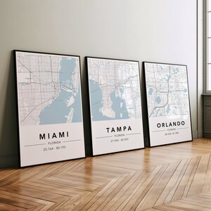 Set di 3 carte della città della Florida, carta di Miami, carta di Tampa, carta di Orlando, poster minimo stampabile