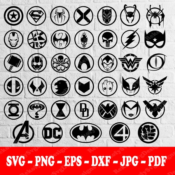 40 SUPERHERO LOGO BUNDLE, Svg, T-Shirt Design, Sticker, Mug Wrap, Vector, Tattoo, Silhouette, Digital Download, Svg-Png-Eps-Dxf-Jpg-Pdf