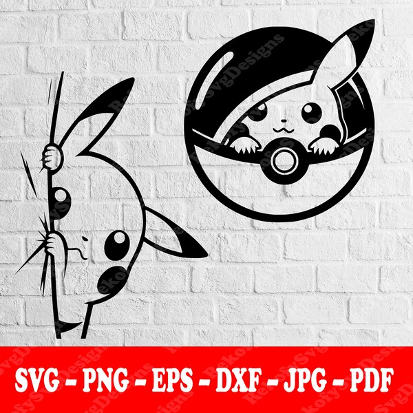 PEEKING PIKACHU, 2 Pack, Svg, T-Shirt, Sticker, Mug Wrap, Vector, Sublimation Design, Silhouette, Digital Download, Svg-Png-Eps-Dxf-Jpg-Pdf