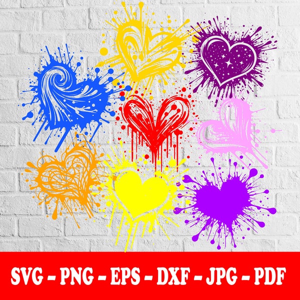 HEART SHAPED PAINT Splatter, 8 Pack, Svg, T-Shirt Design, Sticker, Mug Wrap, Vector, Tattoo, Digital Download, Svg-Png-Eps-Dxf-Jpg-Pdf