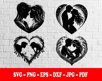 LOVERS SILHOUETTE, 4 Pack, Svg, T-Shirt Design, Sticker, Mug Wrap, Vector, Tattoo, Silhouette, Digital Download, Svg-Png-Eps-Dxf-Jpg-Pdf