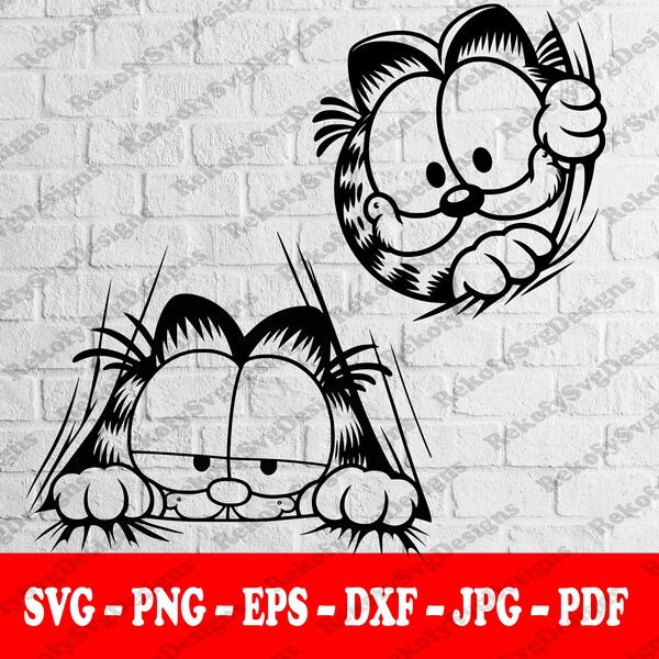 PEEKING GARFIELD, 2 Pack, Svg, T-Shirt Design, Sticker, Mug Wrap, Vector, Tattoo, Silhouette, Digital Download, Svg-Png-Eps-Dxf-Jpg-Pdf