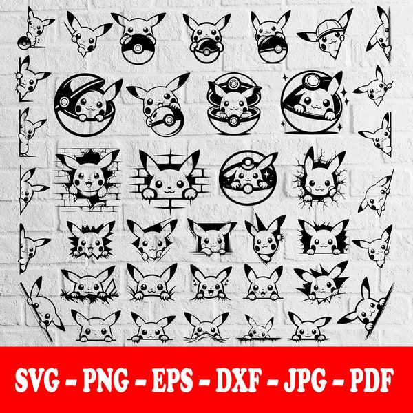 40 PEEKING PIKACHU BUNDLE, Svg, T-Shirt Design, Sticker, Mug Wrap, Vector, Tattoo, Silhouette, Digital Download, Svg-Png-Eps-Dxf-Jpg-Pdf