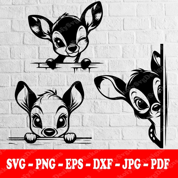 PEEKING BAMBI, 3 Pack, Svg, T-Shirt Design, Sticker, Mug Wrap, Vector, Tattoo, Silhouette, Digital Download, Svg-Png-Eps-Dxf-Jpg-Pdf