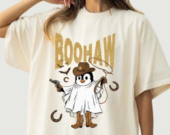 Cowboy Ghost Shirt, Funny Halloween Boohaw Comfort Color Sweatshirt, Penguin Cowboy Hoodie, Spooky Season Outfit, Ghost Costume Gift for Her