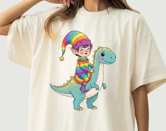 LGBTQ Elf Comfort Colors Shirt, Dinosaur Christmas Sweatshirt, Rainbow Holiday Hoodie, T-Rex Tshirt, Gay Christmas Gift
