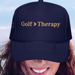 Golf Greater Than Therapy Trucker Hat, Funny Golf Mental Health Mesh Cap, Golfer Gift Snapback Hat, Golfing Stress Relief Joke Hat