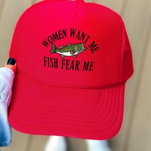 Women Want Me Fish Fear Me Trucker Hat, Funny Fishing Hat for Men, Fisherman Dad Mesh Cap, Outdoor Angler Snapback Gift Hat