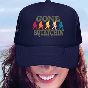 Gone Squatchin Trucker Hat, Funny Bigfoot Cap, Retro Sasquatch Trucker Hat, Vintage Style Hiking Gift For Men, Camper Hat
