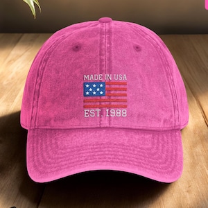 Custom Birthday Hat, Made in USA Hat, Personalized Patriotic Embroidered Cap, Vintage American Flag Dad Hat, Father&#39;s Day Gift Hat