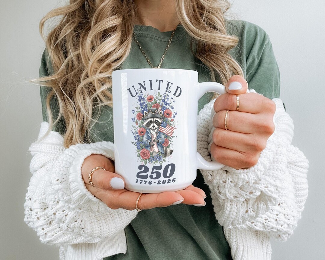 Patriotic 1776-2026 Floral Raccoon Mug 250 Years of American Freedom ...