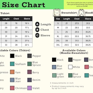 May include: A size chart for t-shirts, sweatshirts, and hoodies, with measurements in inches. The chart includes sizes S to 3XL, chest, length, and sleeve measurements. Available colours are listed for each garment type.