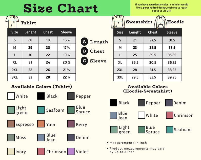 May include: A size chart for t-shirts, sweatshirts, and hoodies, with measurements in inches. The chart includes sizes S to 3XL, chest, length, and sleeve measurements. Available colours are listed for each garment type.