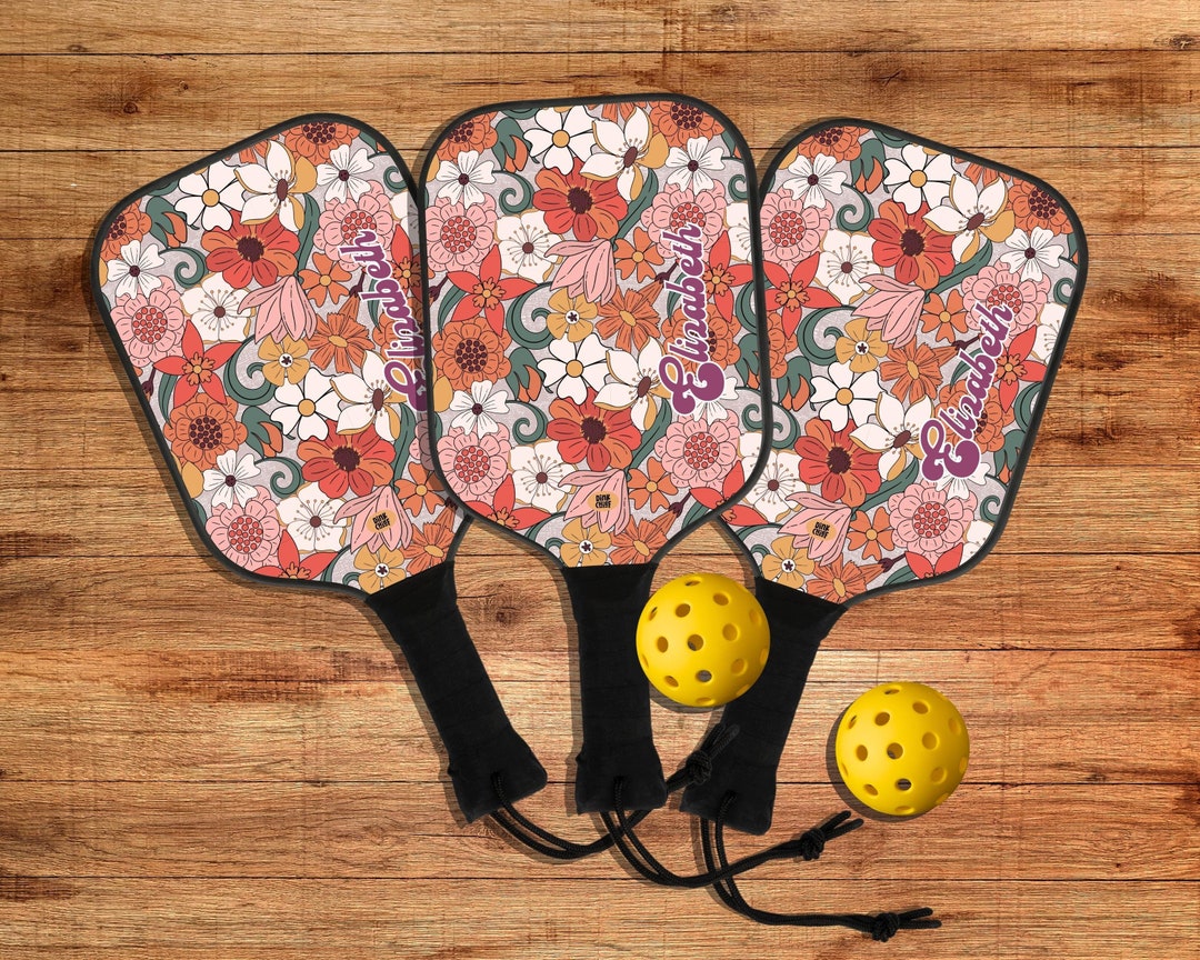Custom Pickleball Flower Paddle With Personalized Text. Floral Custom