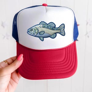 Bass Fish Trucker Hat Fishing Faux Patchwork Mesh Cap Blue Print Only Snapback Shabby Chic Floral Angler Lake Country Gift Idea