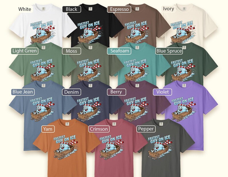 May include: A selection of short-sleeved t-shirts in various colours, each displaying a cartoon design of a character in a boat with the text "FASTEST GUY ON ICE". Colours include white, black, and green.