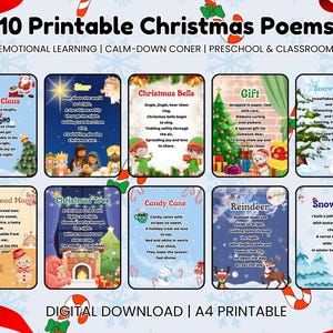 Op de afbeelding: Een digitale download met tien afdrukbare kerstgedichten. Elk gedicht wordt weergegeven op een kleurrijke kaart met feestelijke illustraties. De kaarten bevatten gedichten over de kerstman, kerstklokken, cadeaus en meer. De tekst bovenaan luidt "10 afdrukbare kerstgedichten".