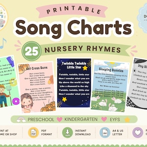 Printable Nursery Rhymes Song Charts | Preschool Circle Time | Kindergarten Classroom Decor | EYFS Music Resource | Homeschool Printable PDF