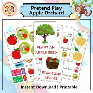 May include: Printable pretend play game for kids featuring an apple orchard theme. The cards include images of apples, apple pie, apple sauce, apple juice, and a credit card. The text on the cards includes "Plant an Apple Seed", "Pick Some Apples", and prices for the items.