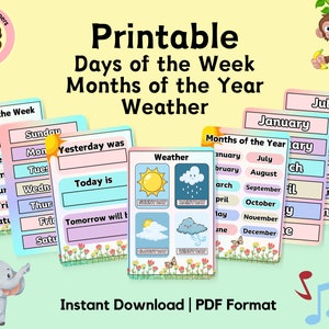 Pastel afdrukbare dagen van de weekgrafieken | Morning Board Circle Time School Room Wall Decor Educatieve Pastelkleur Digitale Download