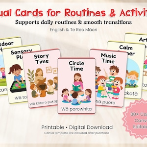 Pode incluir: Cartões visuais para rotinas e atividades, com ilustrações de crianças em atividades como brincadeiras ao ar livre, hora da história e hora da música. Os cartões são projetados para apoiar as rotinas diárias e transições suaves.