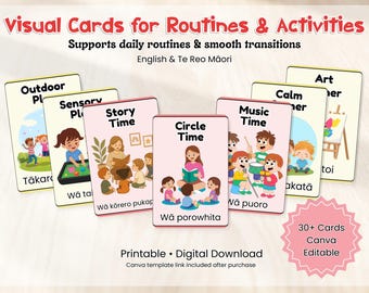 Visual Cards for Routines and Activities | Bilingual English & Te Reo Māori | Early Years Visual Schedule | Canva Editable Printable Cards
