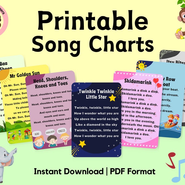 Printable Preschool Nursery Rhymes Song Charts  | Toddler Preschool Activities Children's Songs Bundle Classroom Decoration Early Learning