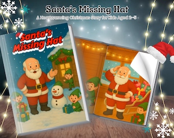 Może przedstawiać: Książka dla dzieci zatytułowana "Santa's Missing Hat" z ilustracjami Świętego Mikołaja, elfów i bałwana. Książka jest otwarta, ukazując kolorowe obrazy sceny bożonarodzeniowej. Czerwona czapka Mikołaja znajduje się w prawym górnym rogu.