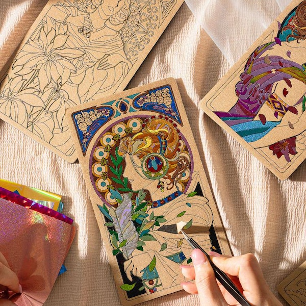 Kit de manualidades para colorear con láminas para adultos y niños / Brillo Art Nouveau / Pasatiempo creativo
