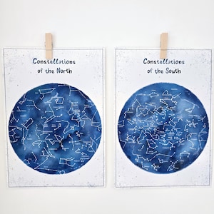 Druckbare Karten der Hemisphären der Konstellation; Sternbild-Kunst; 88 Sternbilder; Sternbilder für Kinder, Sternenkarte; Sofort Download