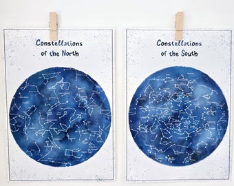 Cartes imprimables des hémisphères de la constellation ; Art de la constellation ; 88 constellations ; constellations pour enfants, carte des étoiles ; Téléchargement instantané