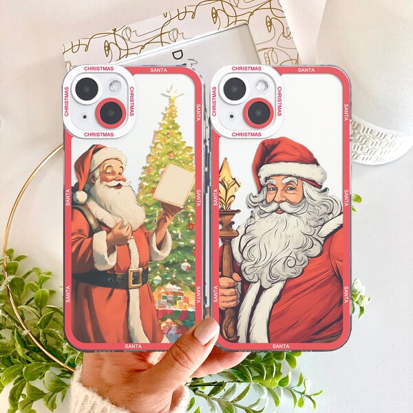 Christmas Tree Santa Clear Phone Case, Winter Xmas iPhone Case, Cute Colourful Cover For Iphone & Samsung S23 S22 S21 Ultra Plus, A-Series