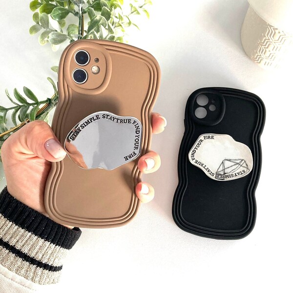 Stylish Wavy Mirror Electroplated Metal Phone With Phone Grip Holder, Unique iPhone Case with shiny Phone Strap Stand, Minimalist Cover