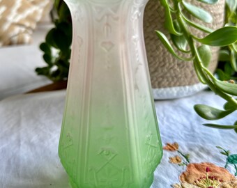 1920s art deco style, frosted pressed glass bud vase - green and pink