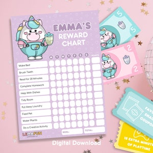 Puede incluir: Un gráfico de recompensas imprimible con un fondo morado y cuadrados blancos, que presenta un unicornio de dibujos animados. El gráfico está etiquetado como "Emma's Reward Chart" e incluye tareas como "Make Bed", "Brush Teeth" y "Read for 20 Minutes".