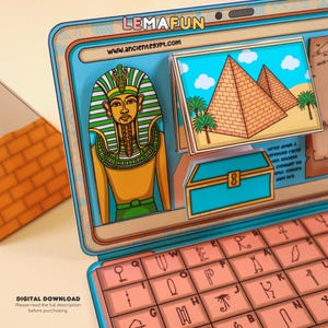 May include: A digital download of an educational activity for kids featuring an image of an Egyptian pharaoh, pyramids, and hieroglyphics. The activity includes a keyboard with hieroglyphics and a treasure chest.